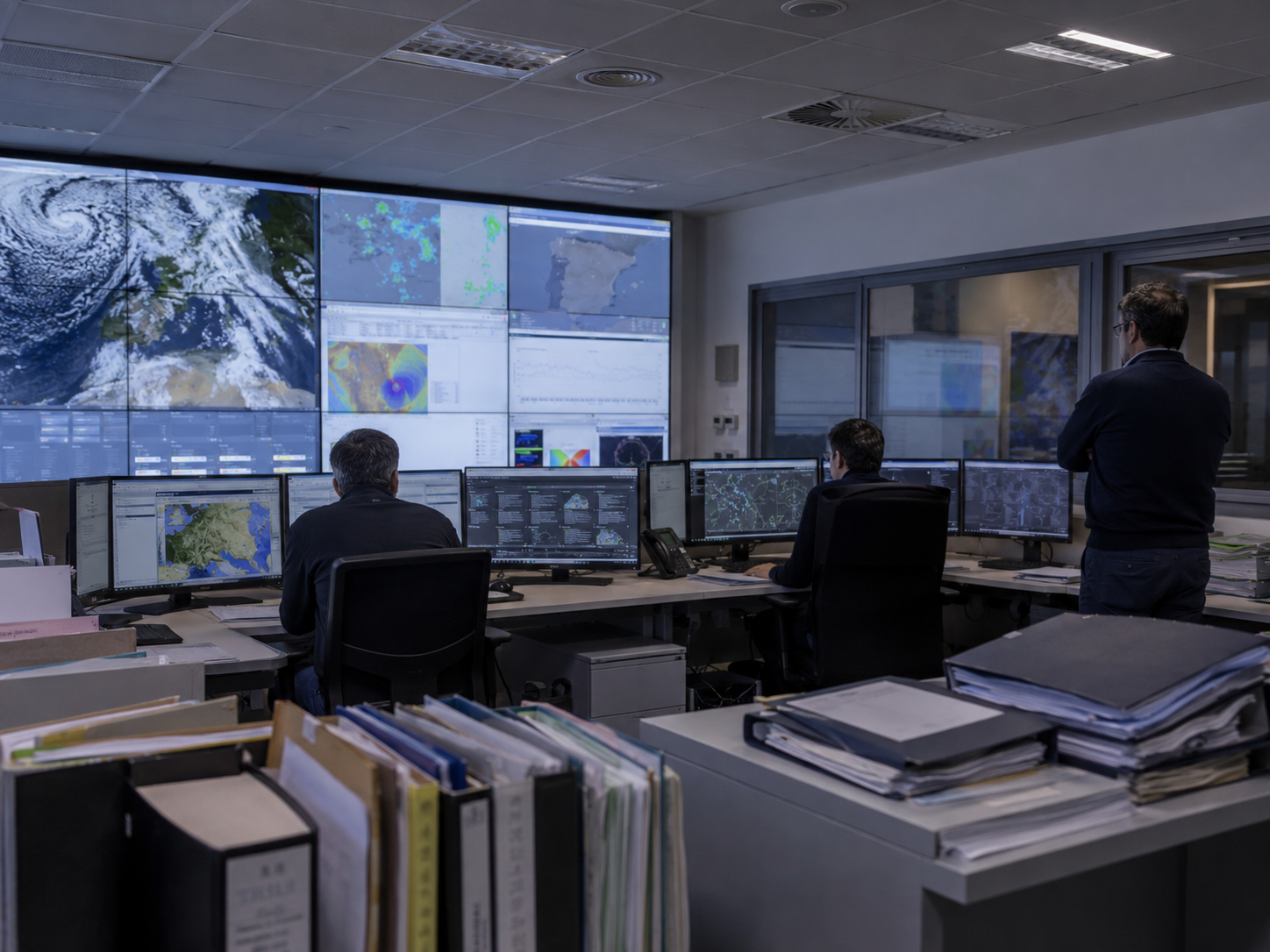 Centro operativo del INEGI con pantallas de seguimiento atmosférico.
